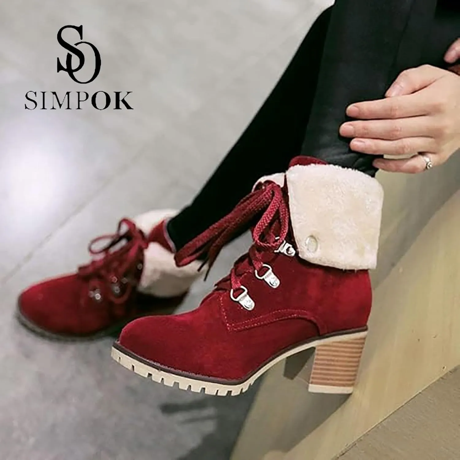 SO SIMPOK Womens Lace Up Fur Winter Snow Boots Block Heel Ankle Boots Warm Suede Outdoor Chunky Heel Booties