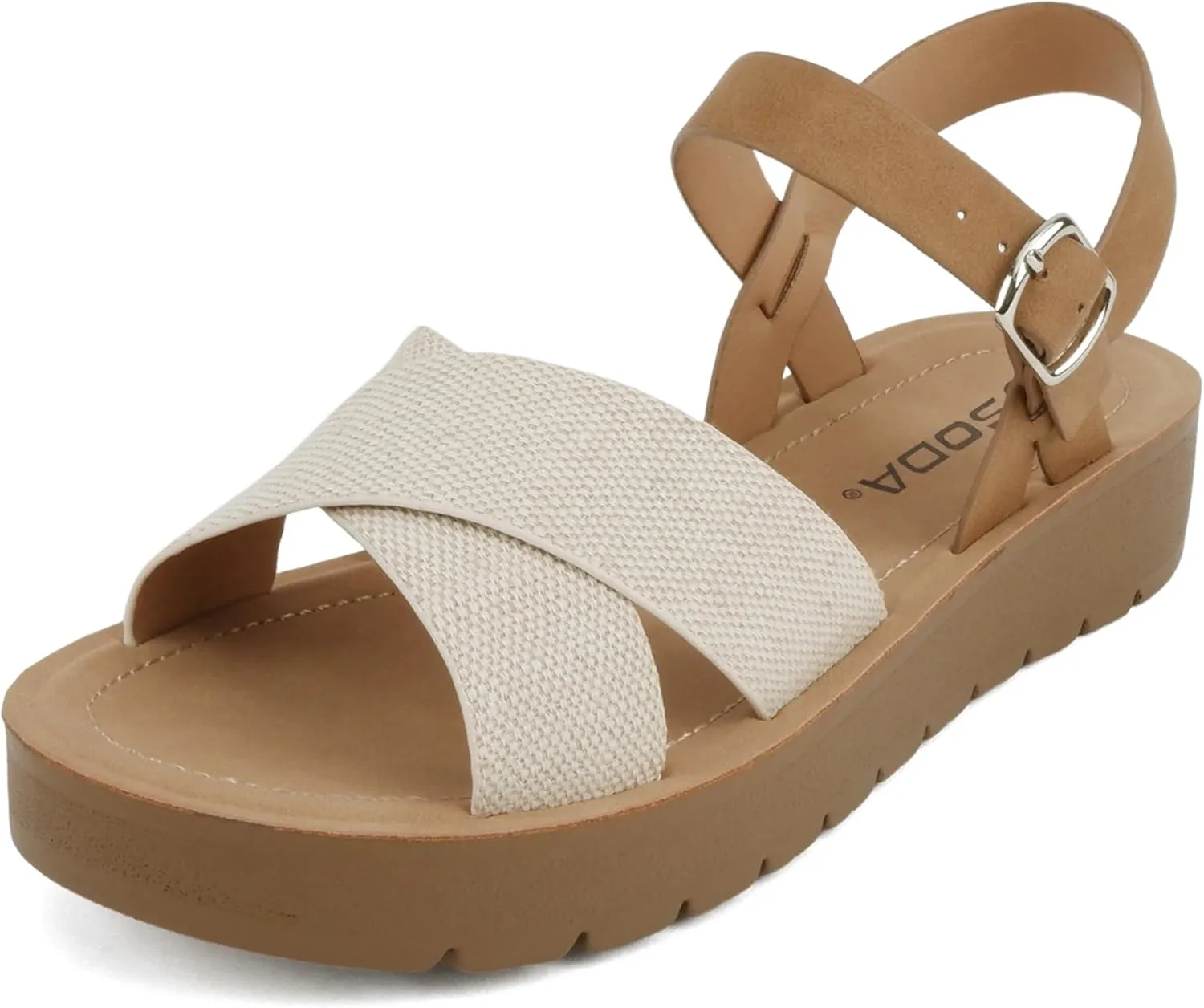 Soda CHESTER ~ Women Flat Sandals Flatform Ankle Buckle Criss Cross Band Straps Sandals Shoes