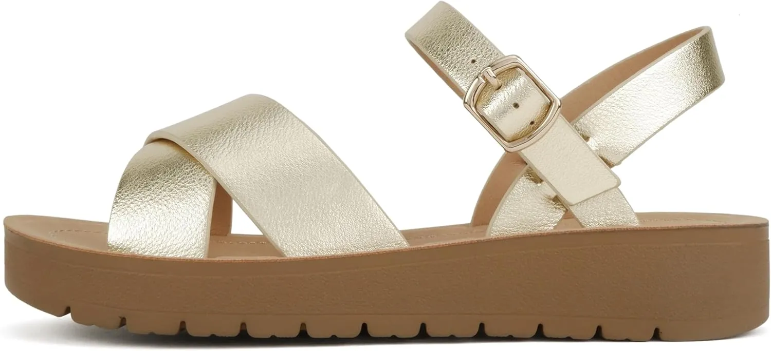 Soda CHESTER ~ Women Flat Sandals Flatform Ankle Buckle Criss Cross Band Straps Sandals Shoes