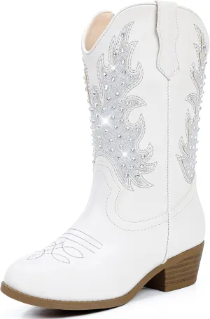 Sparkly Rhinestone Cowgirl Boots Toddler to Big Kids Mid Calf Zipper Low Heel Pointed Toes Party Birthday Dress Up
