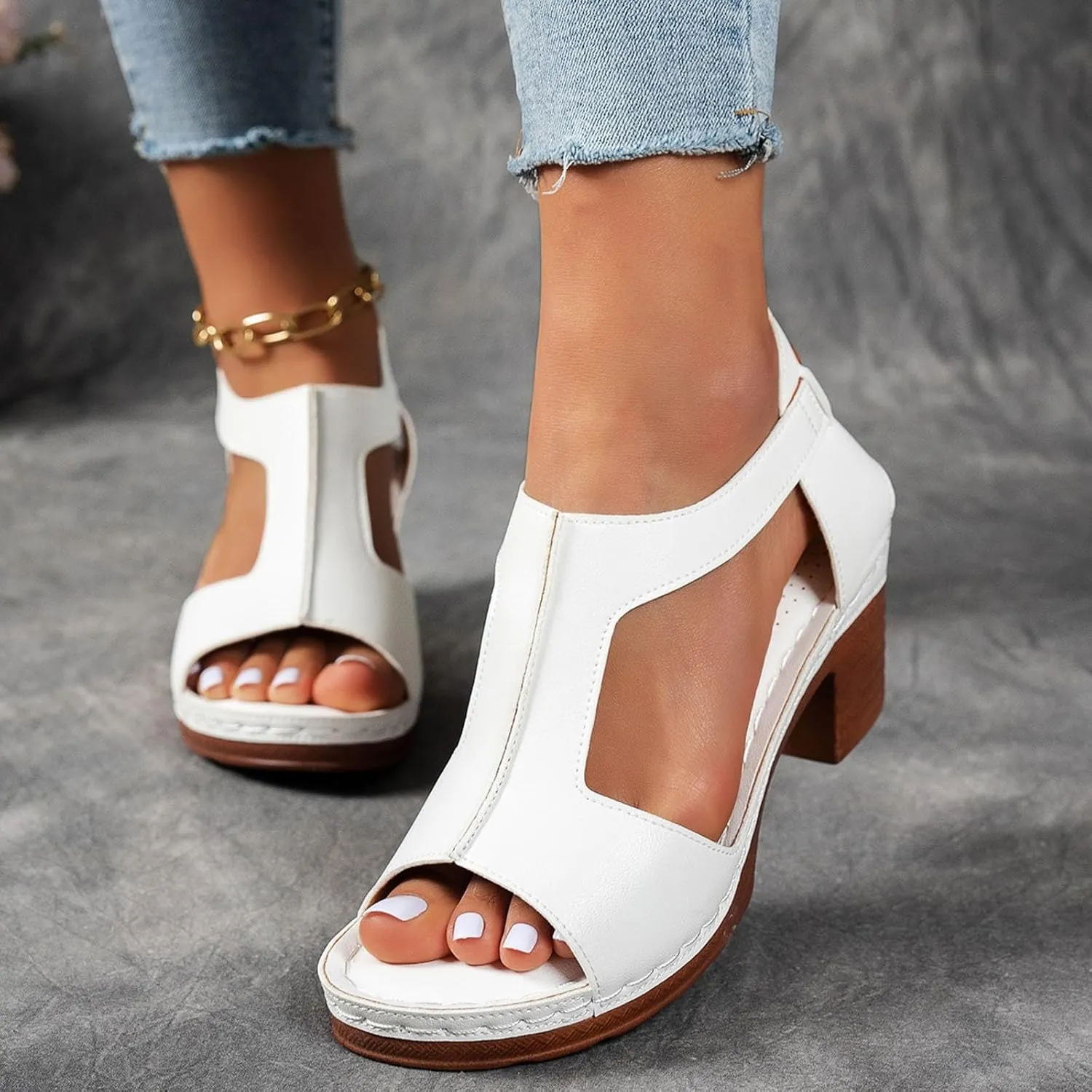 Summer Sandals for Women 2025 Dressy Platform Chunky Heel Ankle Strap Wedges Casual Hollow Out Open Toe Block Heels Comfortable Sandal Work Sandals Office Breathable Shoes