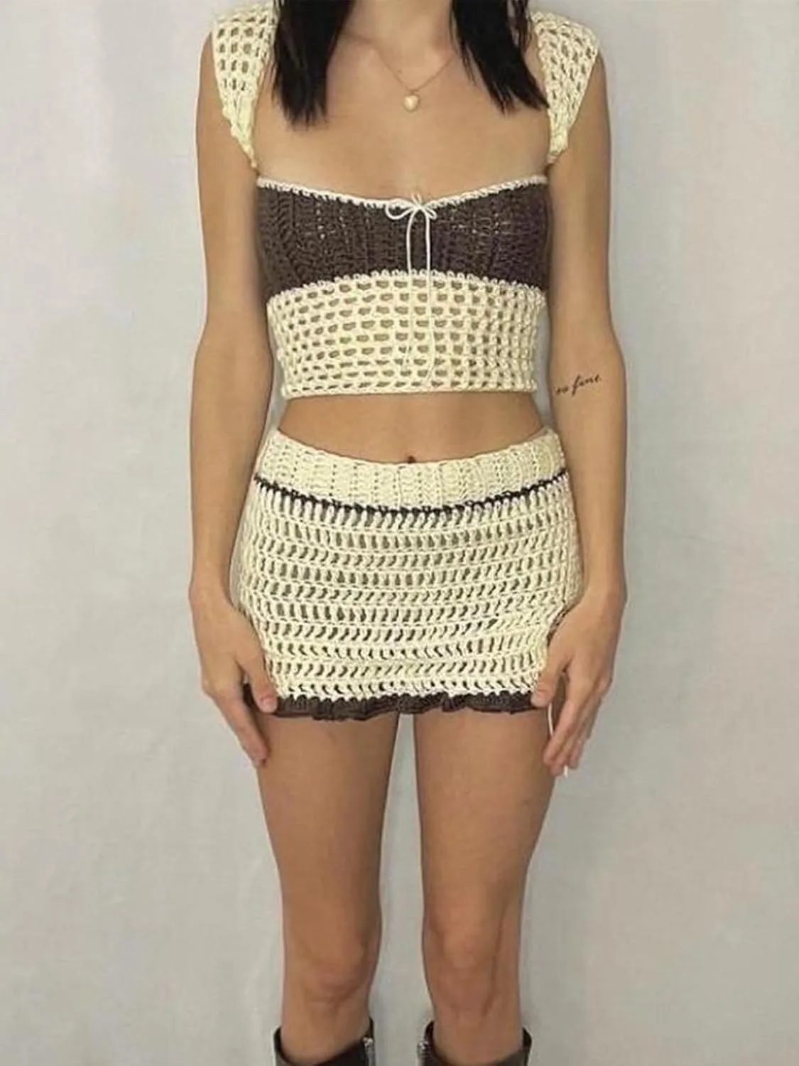 Sunloudy Women 2Pcs Crochet Knit Skirt Set Tube Crop Top   High Waist Bodycon Skirt Cover Up Beachwear
