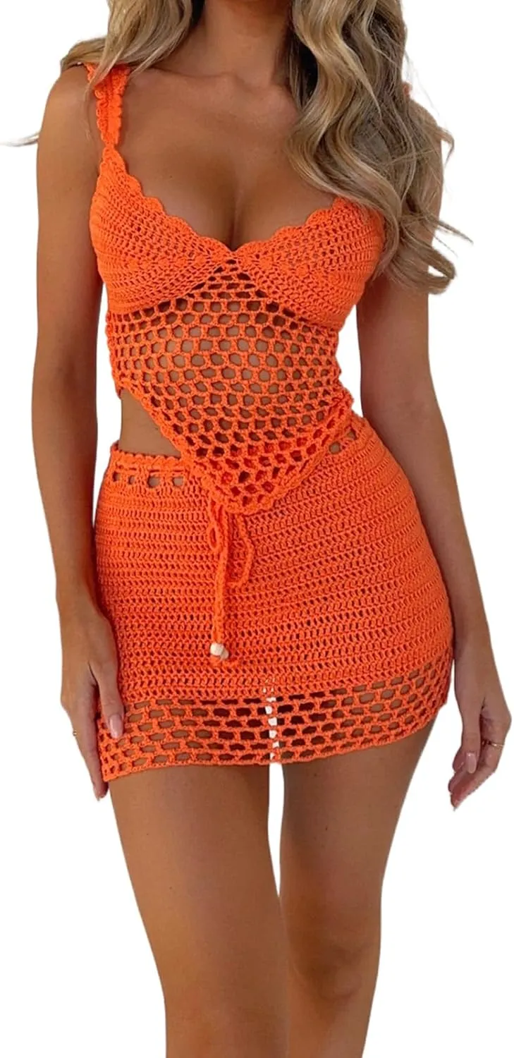 Sunloudy Women 2Pcs Crochet Knit Skirt Set Tube Crop Top   High Waist Bodycon Skirt Cover Up Beachwear