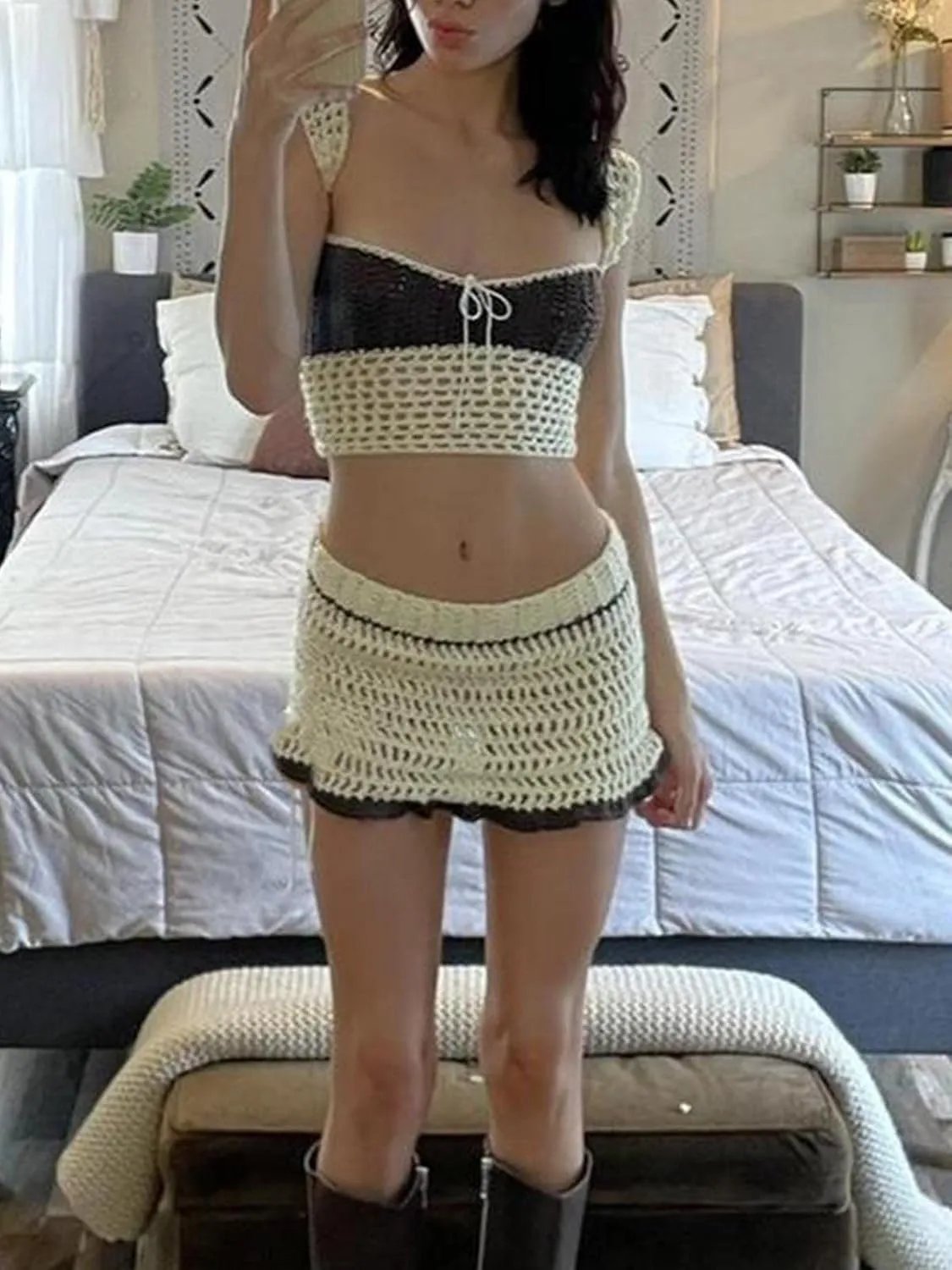 Sunloudy Women 2Pcs Crochet Knit Skirt Set Tube Crop Top   High Waist Bodycon Skirt Cover Up Beachwear