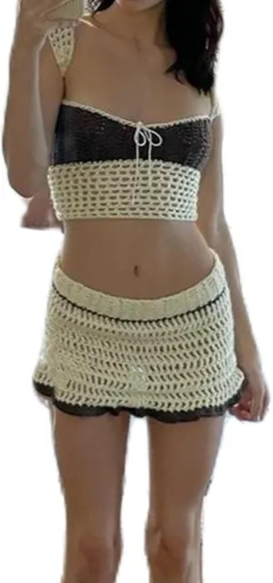 Sunloudy Women 2Pcs Crochet Knit Skirt Set Tube Crop Top   High Waist Bodycon Skirt Cover Up Beachwear