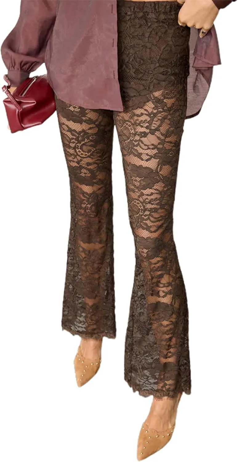 Sunloudy Women Lace Bell Pant Sexy See Through Flare Bottom Leggings Hollow Out Mesh Cover Up Trousers