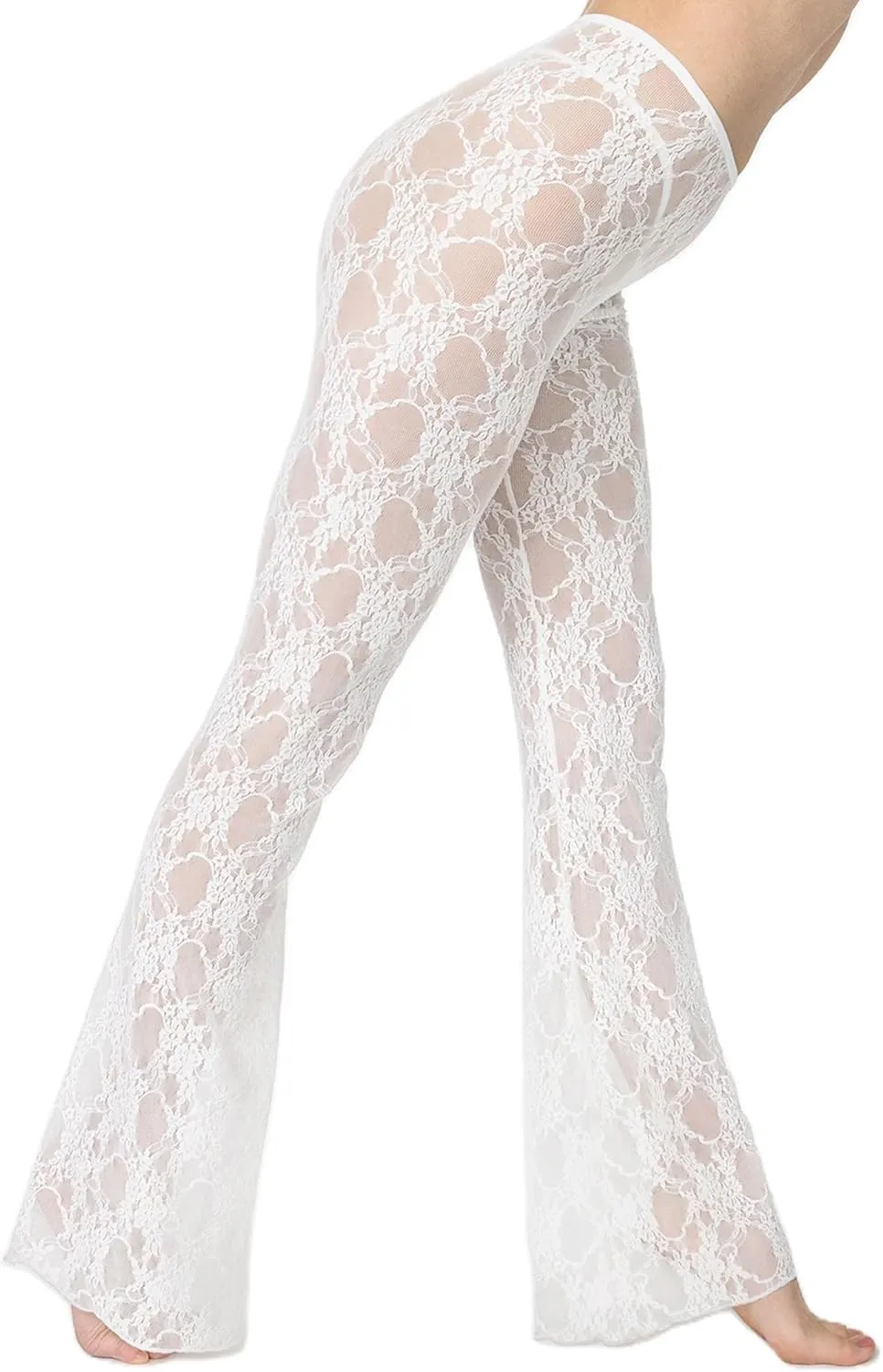 Sunloudy Women Lace Bell Pant Sexy See Through Flare Bottom Leggings Hollow Out Mesh Cover Up Trousers