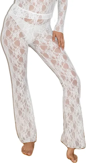 Sunloudy Women Lace Bell Pant Sexy See Through Flare Bottom Leggings Hollow Out Mesh Cover Up Trousers