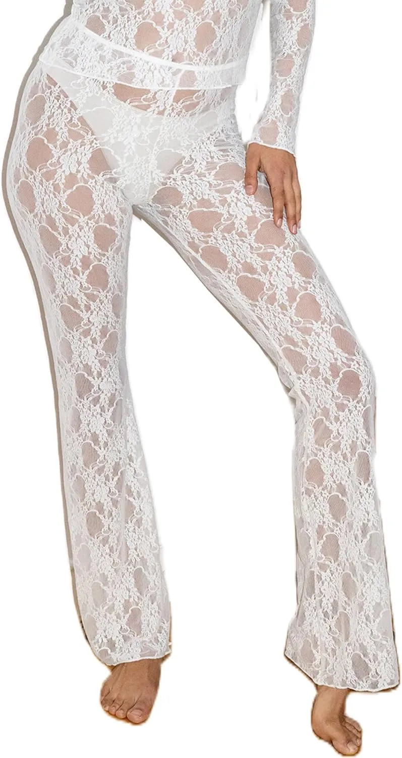 Sunloudy Women Lace Bell Pant Sexy See Through Flare Bottom Leggings Hollow Out Mesh Cover Up Trousers
