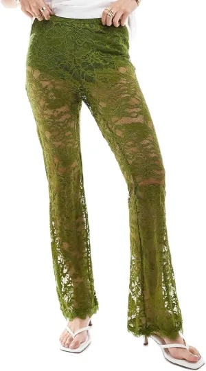 Sunloudy Women Lace Bell Pant Sexy See Through Flare Bottom Leggings Hollow Out Mesh Cover Up Trousers