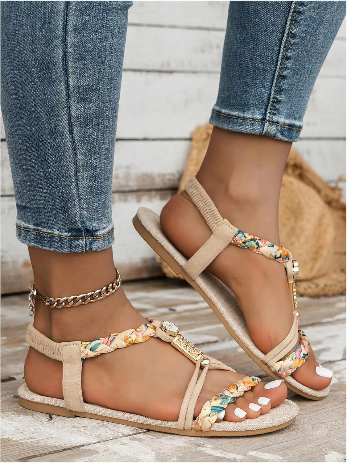 SweatyRocks Women's Floral Print Braided Flat Sandals Open Toe Ankle Strap Boho Vacation Sandals