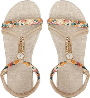 SweatyRocks Women's Floral Print Braided Flat Sandals Open Toe Ankle Strap Boho Vacation Sandals