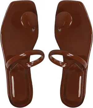 SweatyRocks Women's PU Leather Open Square Toe Thong Sandals Round Decor Outdoor Flat Sandals