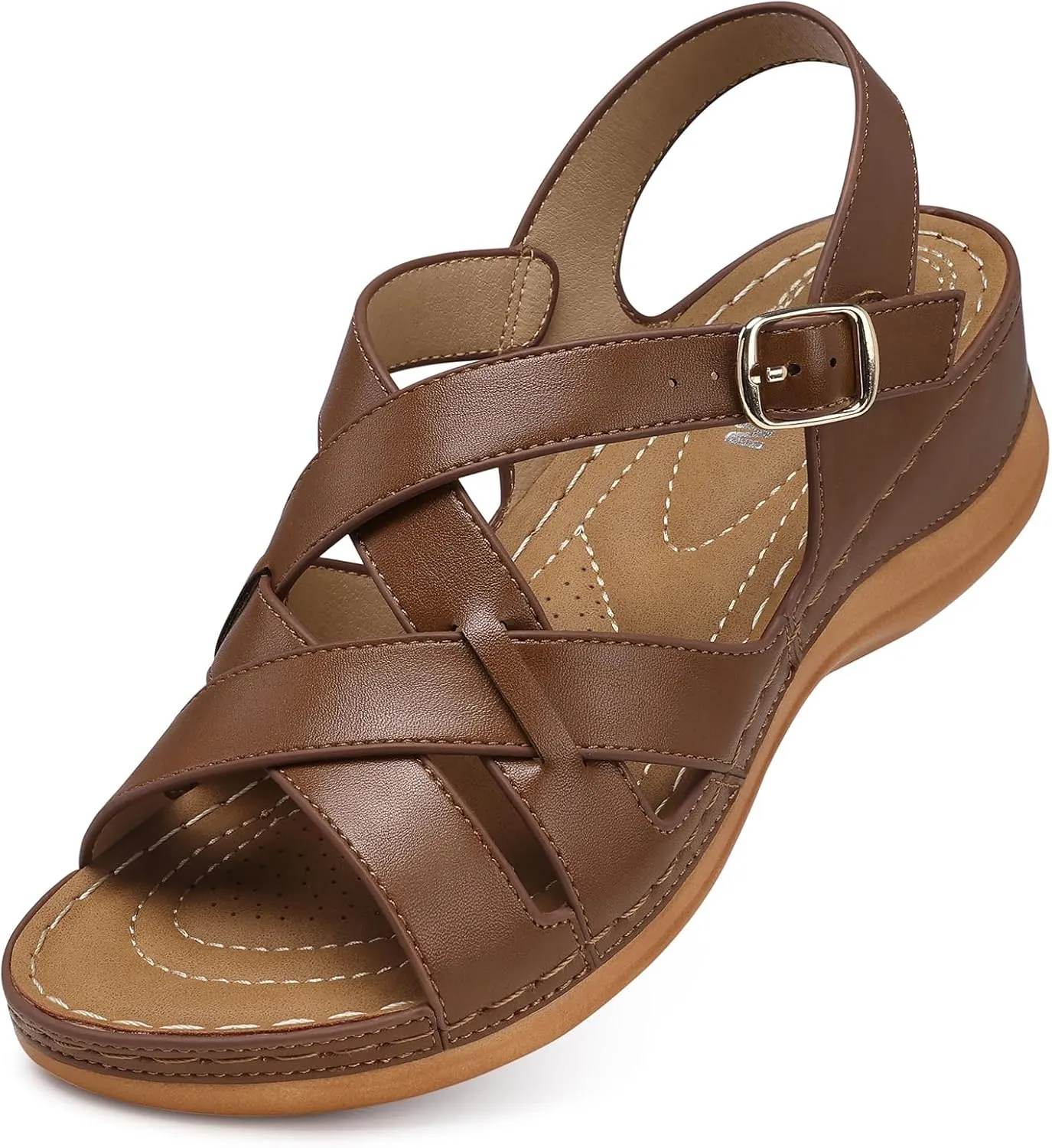 TEMOFON Flat Women Sandals Wide: Flat Summer Sandal - Brown Leather Casual Sandals - Dressy Comfortable Walking Sandal for Woman Size 5