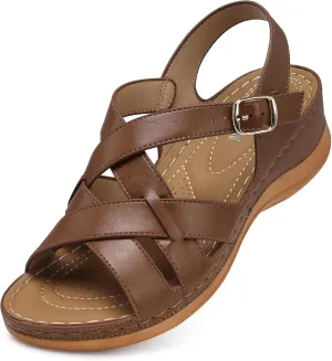 TEMOFON Flat Women Sandals Wide: Flat Summer Sandal - Brown Leather Casual Sandals - Dressy Comfortable Walking Sandal for Woman Size 5