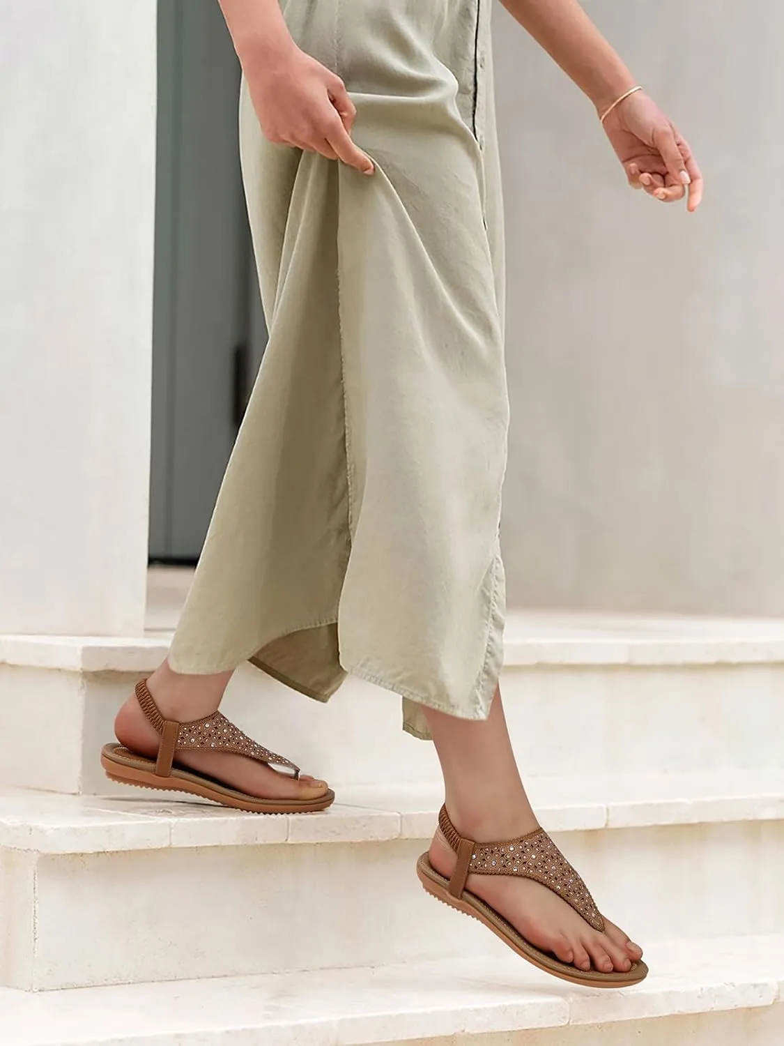 TEMOFON Flats Sandals for Women Dressy: Elastic Ankle Strap Flat - T-Strap Thong Sandal Women - Comfortable Beach Sandals Size 5-10