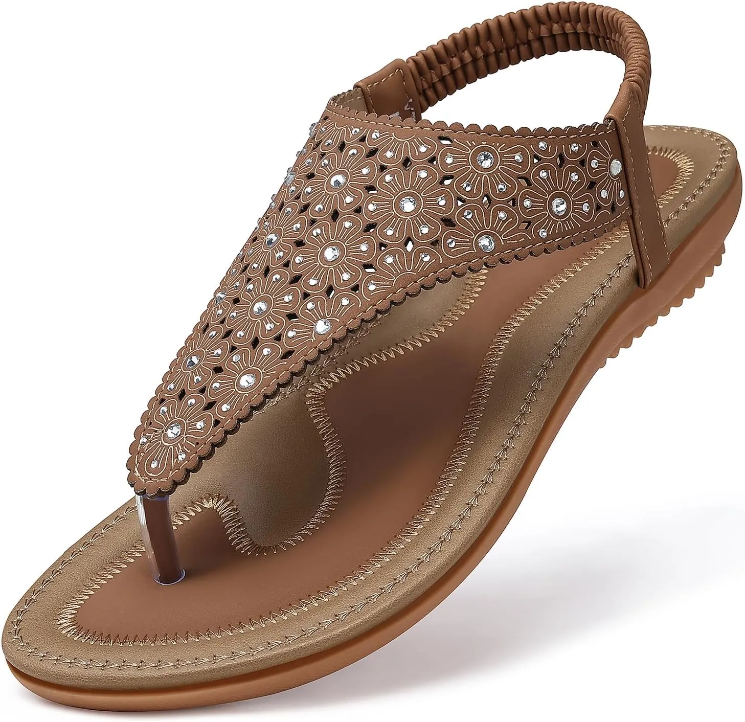 TEMOFON Flats Sandals for Women Dressy: Elastic Ankle Strap Flat - T-Strap Thong Sandal Women - Comfortable Beach Sandals Size 5-10