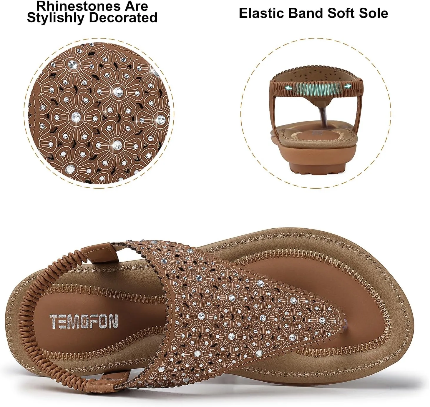 TEMOFON Flats Sandals for Women Dressy: Elastic Ankle Strap Flat - T-Strap Thong Sandal Women - Comfortable Beach Sandals Size 5-10