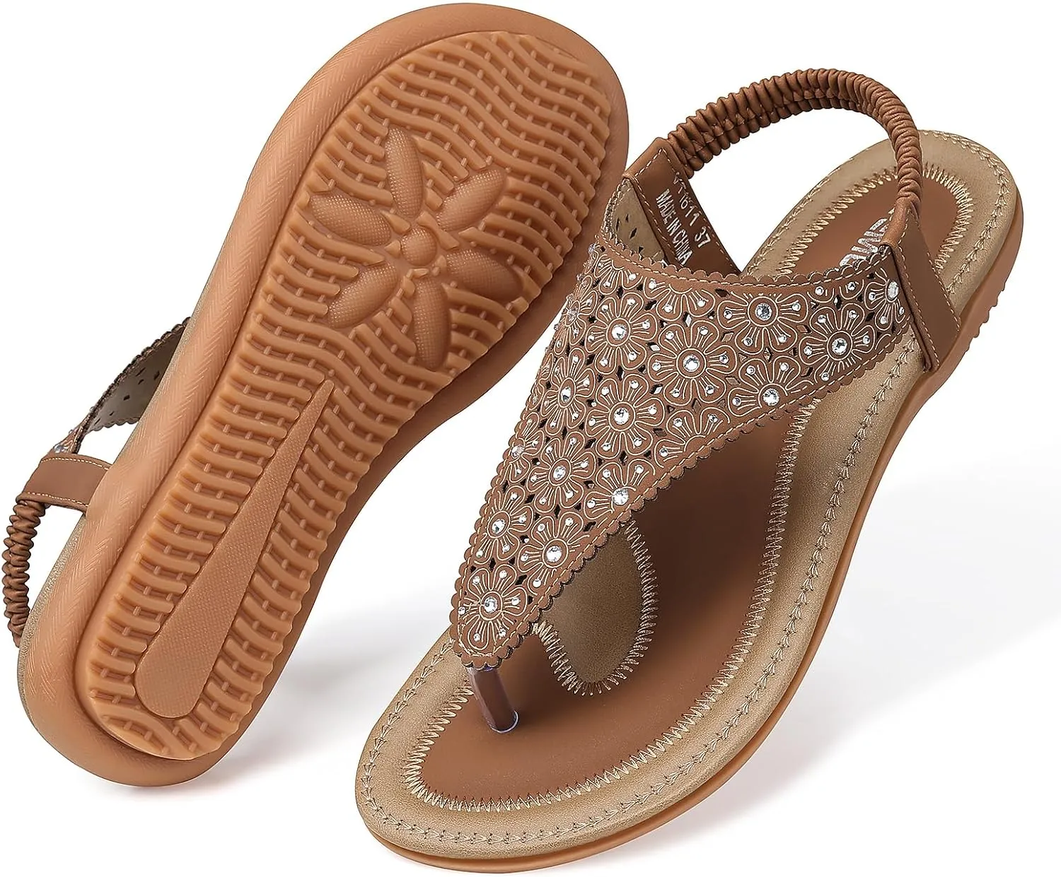 TEMOFON Flats Sandals for Women Dressy: Elastic Ankle Strap Flat - T-Strap Thong Sandal Women - Comfortable Beach Sandals Size 5-10