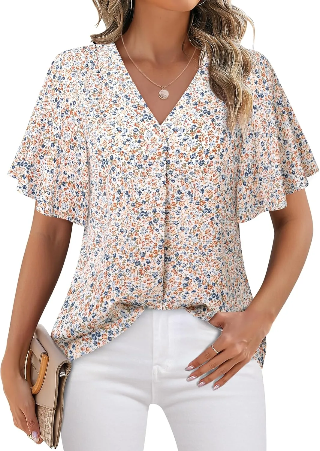 Timeson Women's V Neck Chiffon Blouse Ruffle Sleeve Ladies Work Shirts
