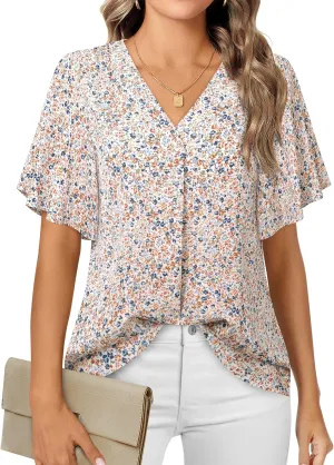 Timeson Women's V Neck Chiffon Blouse Ruffle Sleeve Ladies Work Shirts