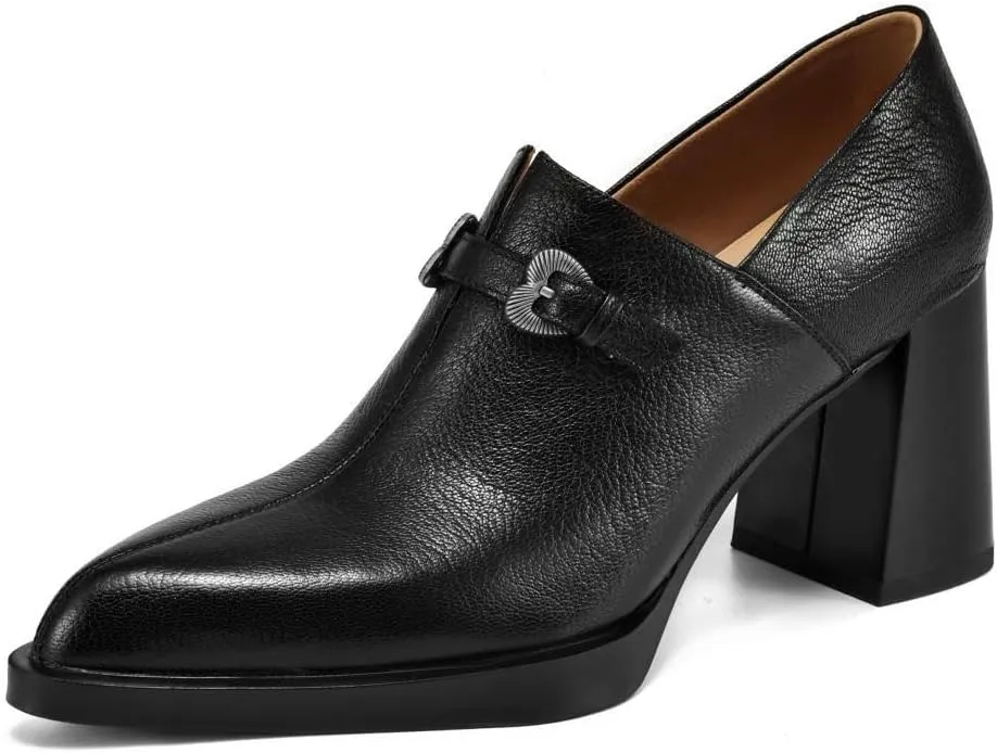 TinaCus Women's Genuine Leather Slip-on Pointed Toe High Block Heel Loafers Pumps Shoes