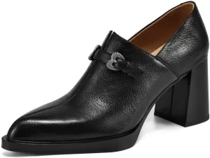 TinaCus Women's Genuine Leather Slip-on Pointed Toe High Block Heel Loafers Pumps Shoes