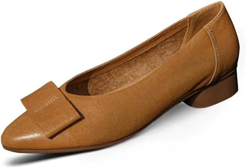 TinaCus Women's Soft Leather Round Toe Bowknot Slip-on Chunky Heel Casual Loafers Shoes