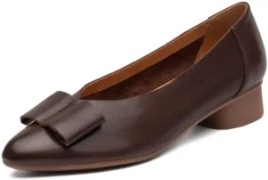 TinaCus Women's Soft Leather Round Toe Bowknot Slip-on Chunky Heel Casual Loafers Shoes