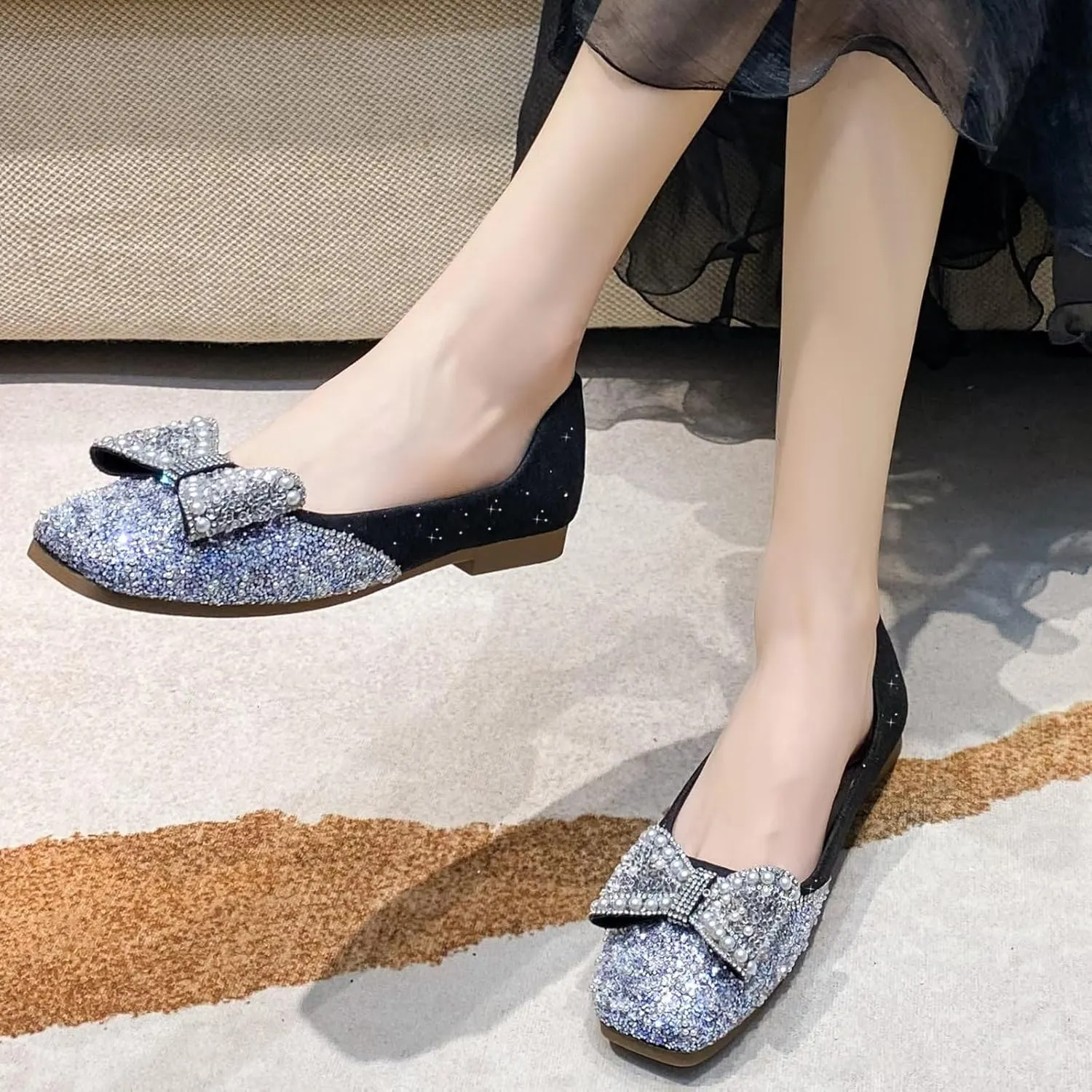 TN TANGNEST Ballet Flats for Women Brief Style Square Toe Pearl Bowtie Flat Shoes Casual Rhinestone Dress Flat Loafers