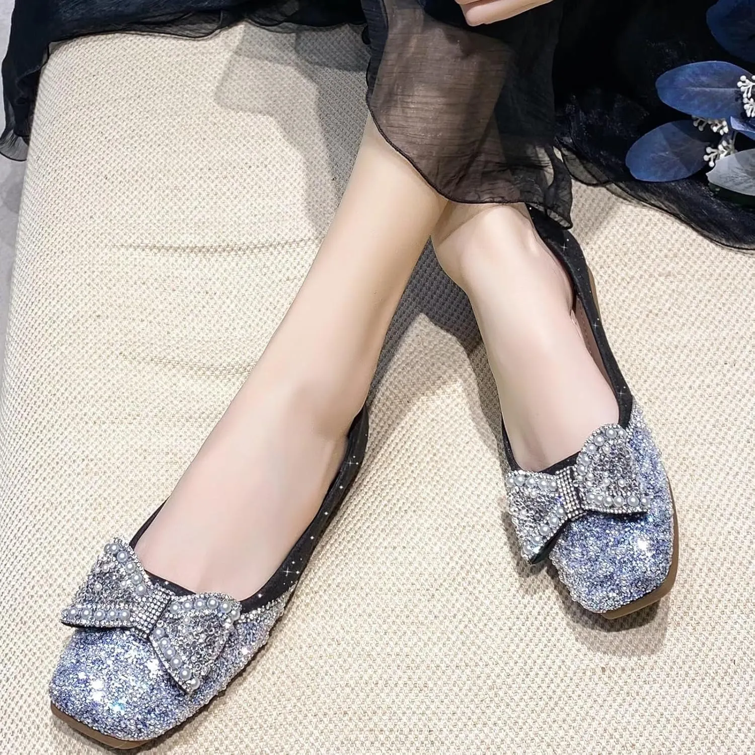 TN TANGNEST Ballet Flats for Women Brief Style Square Toe Pearl Bowtie Flat Shoes Casual Rhinestone Dress Flat Loafers
