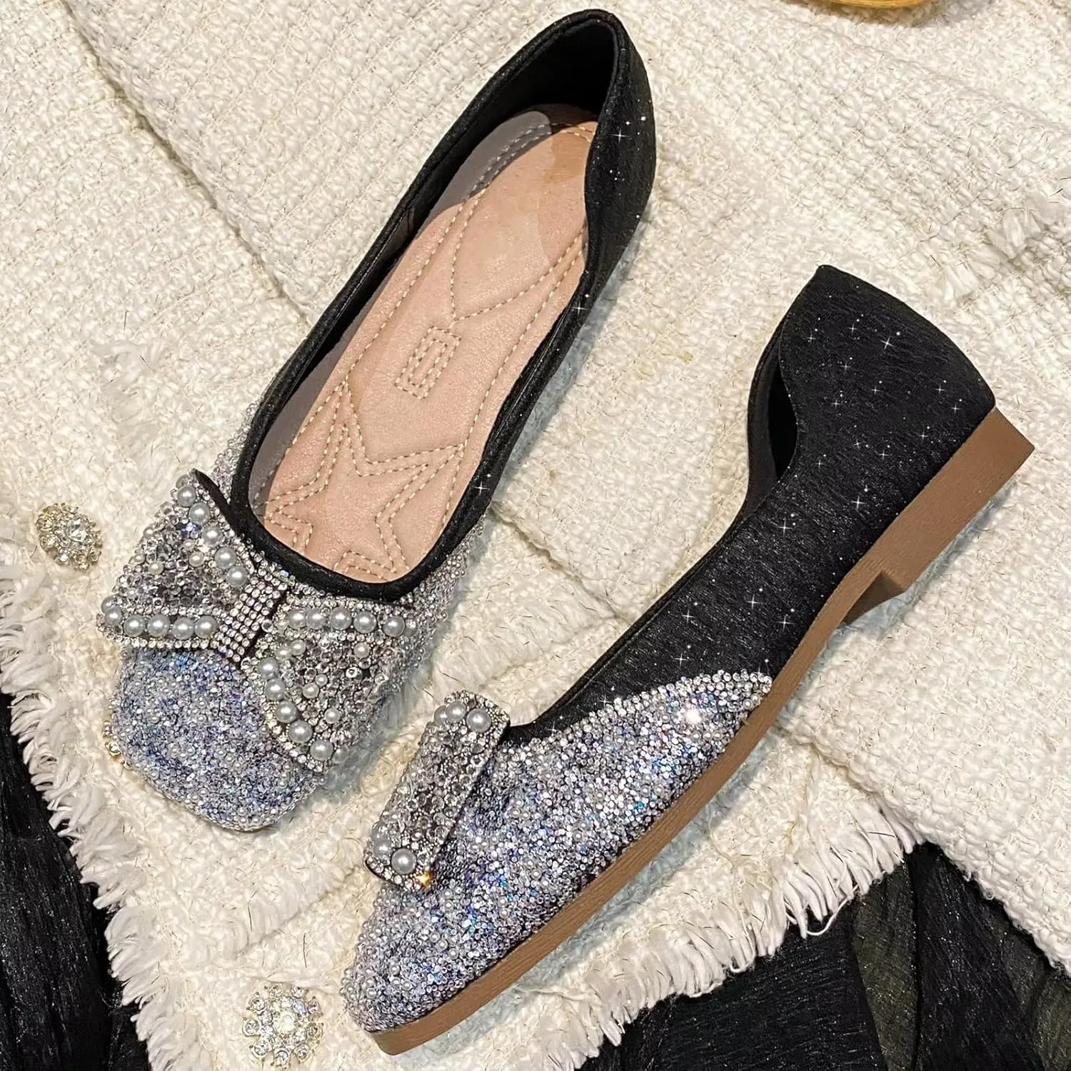 TN TANGNEST Ballet Flats for Women Brief Style Square Toe Pearl Bowtie Flat Shoes Casual Rhinestone Dress Flat Loafers