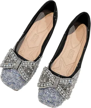 TN TANGNEST Ballet Flats for Women Brief Style Square Toe Pearl Bowtie Flat Shoes Casual Rhinestone Dress Flat Loafers