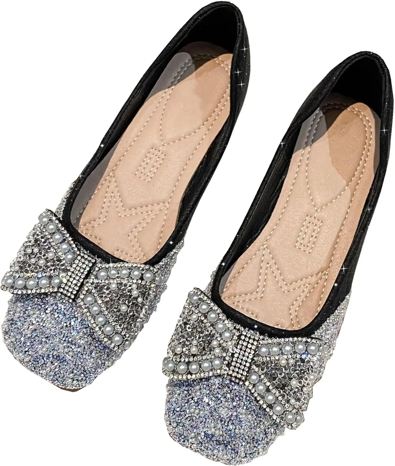 TN TANGNEST Ballet Flats for Women Brief Style Square Toe Pearl Bowtie Flat Shoes Casual Rhinestone Dress Flat Loafers