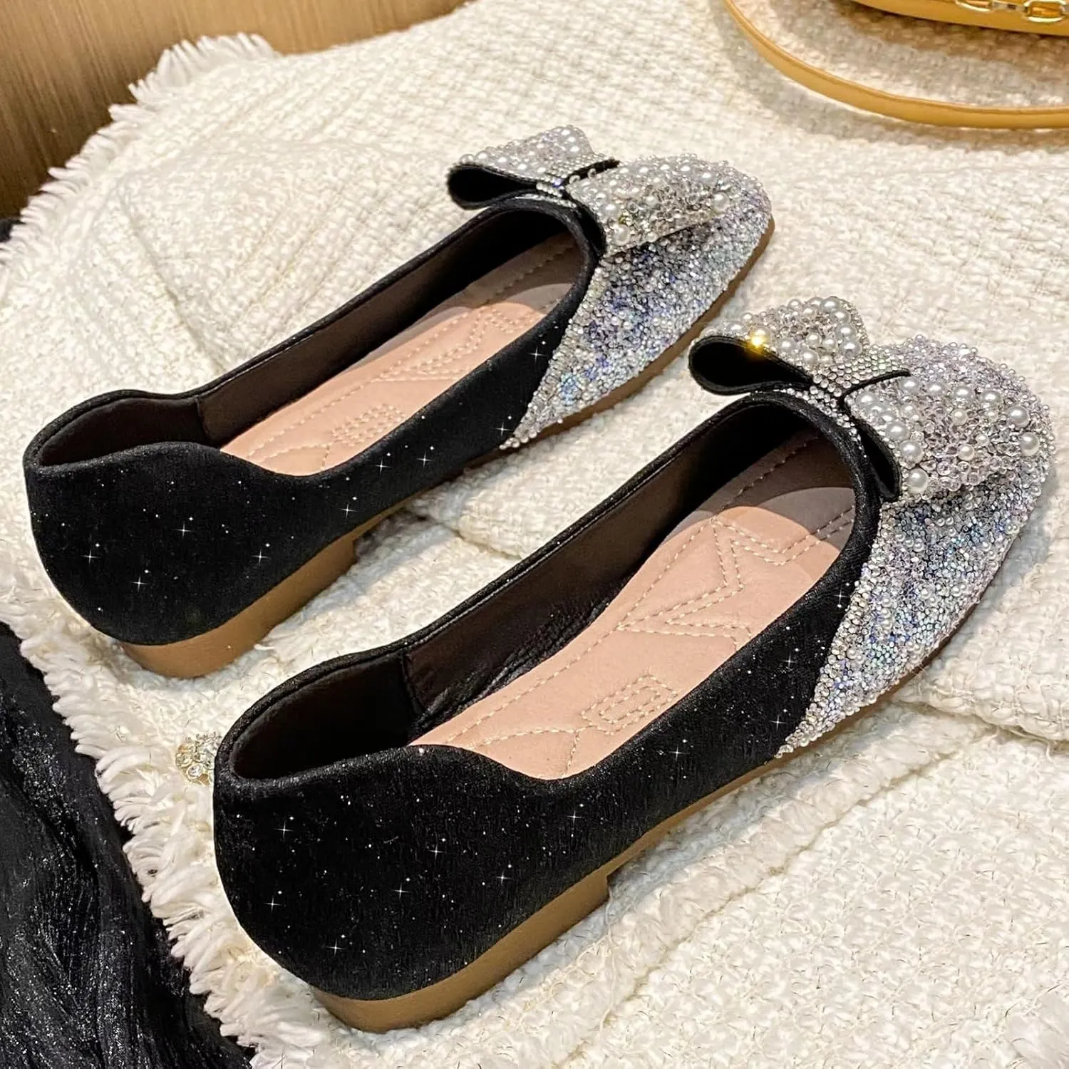 TN TANGNEST Ballet Flats for Women Brief Style Square Toe Pearl Bowtie Flat Shoes Casual Rhinestone Dress Flat Loafers
