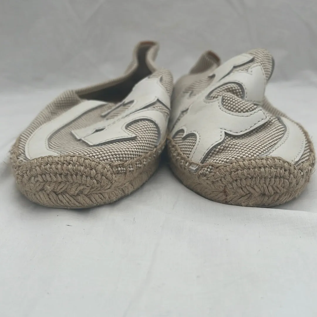 Tori Burch Beige Tweed Espadrilles with Ivory Leather Monogram -- Size 9M