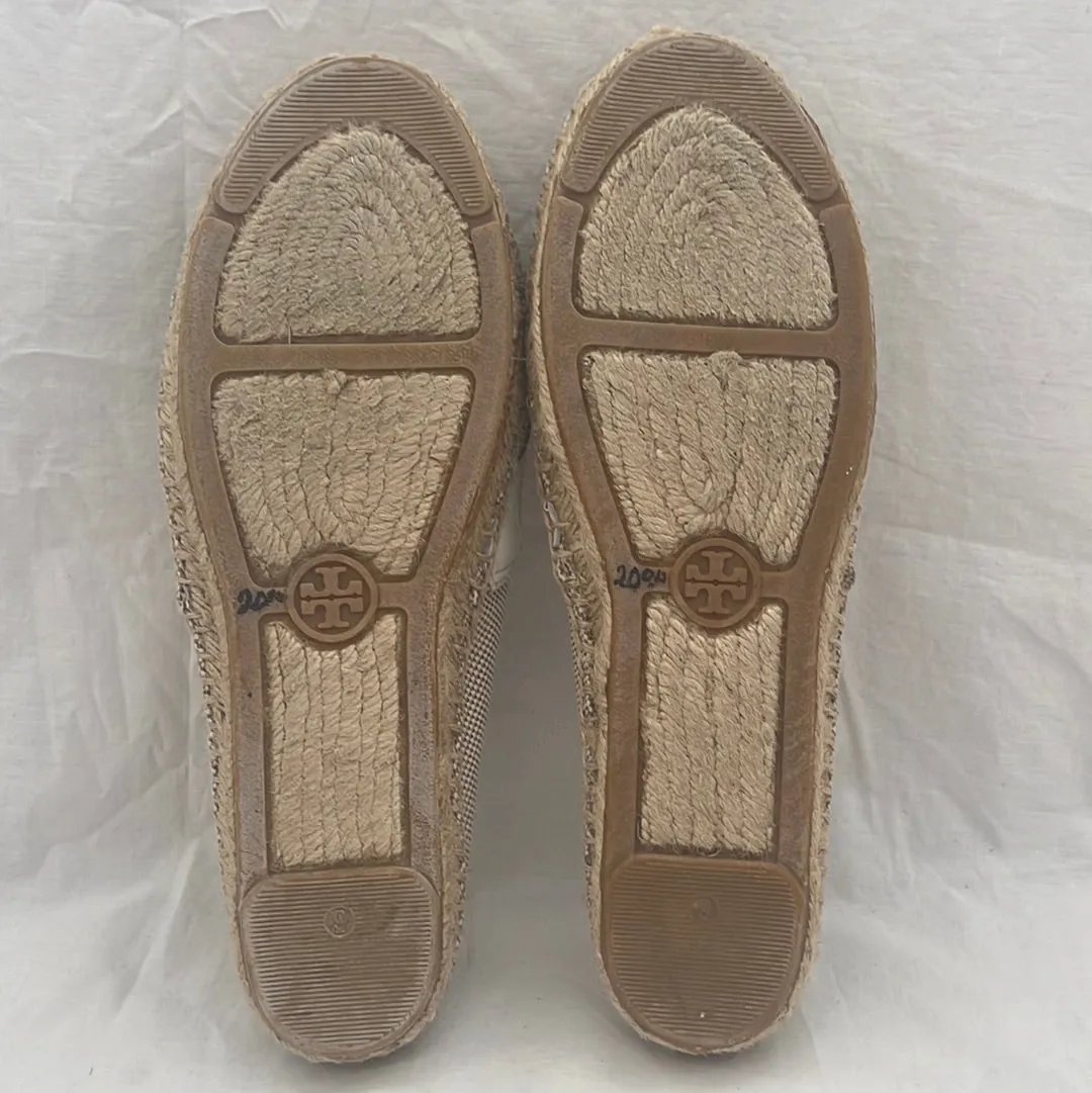 Tori Burch Beige Tweed Espadrilles with Ivory Leather Monogram -- Size 9M
