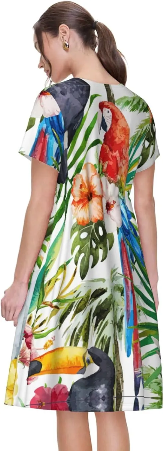 Toucans Parrot Palm Tree Leaves Print Women's Short Sleeve Dress,Sundresses Summer A-Line Dress with Pockets