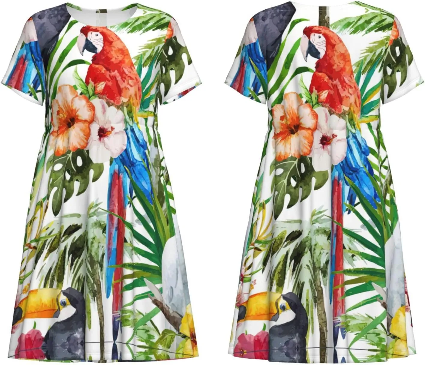 Toucans Parrot Palm Tree Leaves Print Women's Short Sleeve Dress,Sundresses Summer A-Line Dress with Pockets