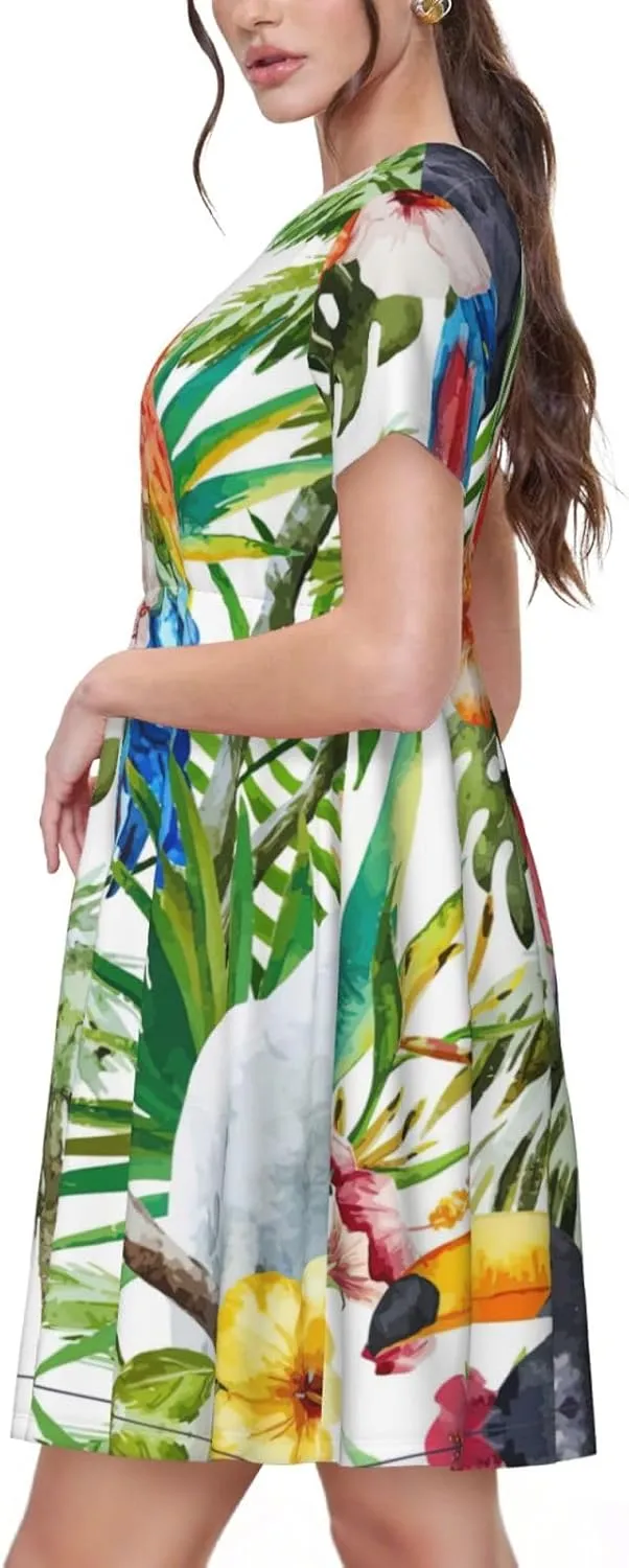 Toucans Parrot Palm Tree Leaves Print Women's Short Sleeve Dress,Sundresses Summer A-Line Dress with Pockets