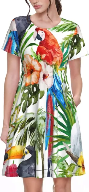 Toucans Parrot Palm Tree Leaves Print Women's Short Sleeve Dress,Sundresses Summer A-Line Dress with Pockets