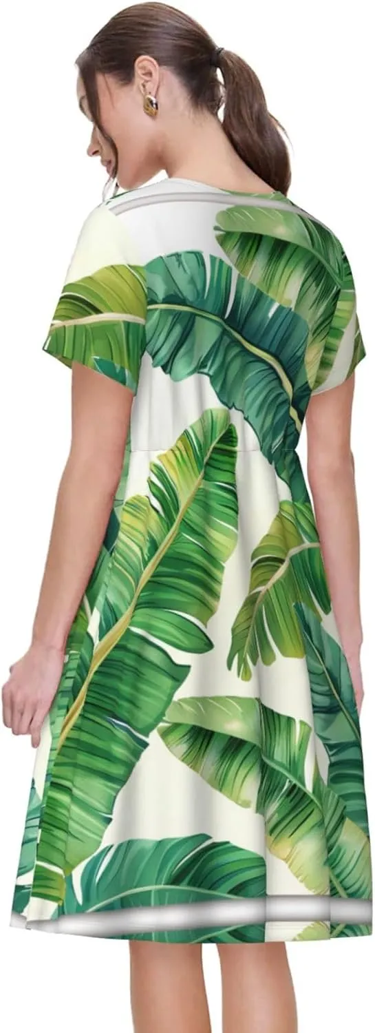 Tropical Banana Palm Leaves Print Women's Short Sleeve Dress,Sundresses Summer A-Line Dress with Pockets