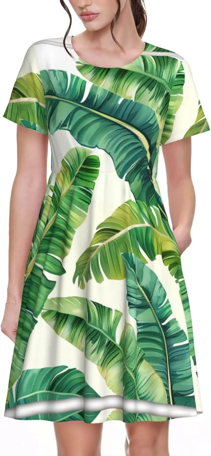 Tropical Banana Palm Leaves Print Women's Short Sleeve Dress,Sundresses Summer A-Line Dress with Pockets
