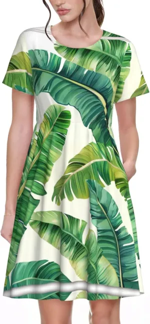 Tropical Banana Palm Leaves Print Women's Short Sleeve Dress,Sundresses Summer A-Line Dress with Pockets