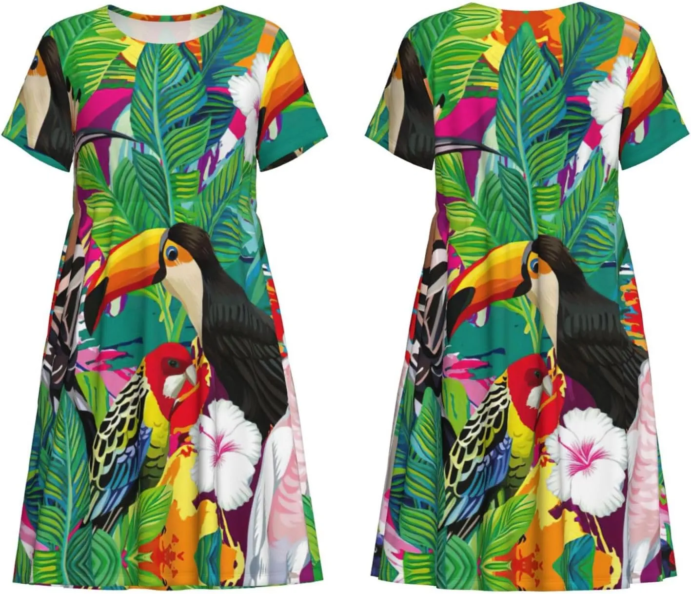 Tropical Birds and Plant Leaf Print Women's Short Sleeve Dress,Sundresses Summer A-Line Dress with Pockets