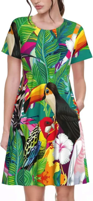 Tropical Birds and Plant Leaf Print Women's Short Sleeve Dress,Sundresses Summer A-Line Dress with Pockets