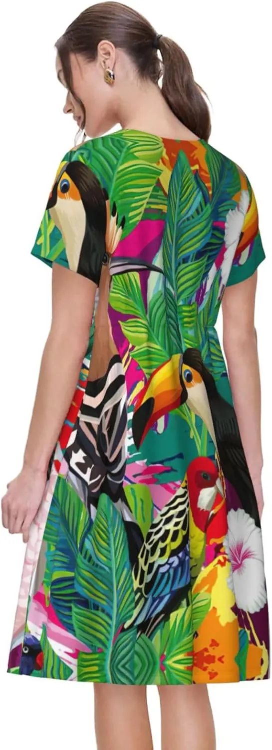 Tropical Birds and Plant Leaf Print Women's Short Sleeve Dress,Sundresses Summer A-Line Dress with Pockets