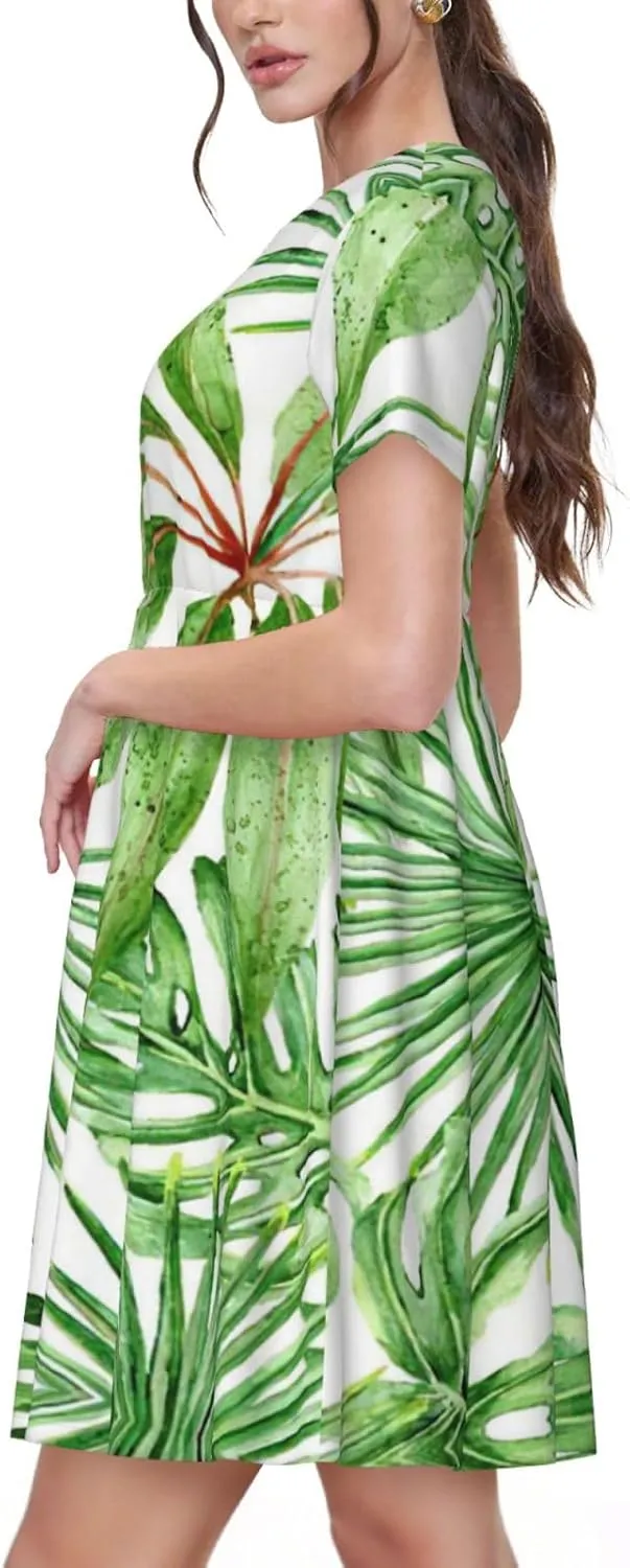 Tropical Palm Banana Leaves Print Women's Short Sleeve Dress,Sundresses Summer A-Line Dress with Pockets