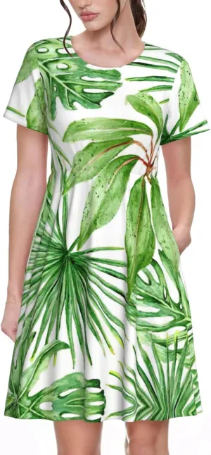 Tropical Palm Banana Leaves Print Women's Short Sleeve Dress,Sundresses Summer A-Line Dress with Pockets
