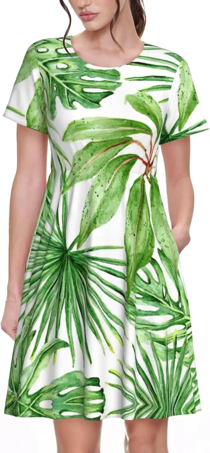 Tropical Palm Banana Leaves Print Women's Short Sleeve Dress,Sundresses Summer A-Line Dress with Pockets